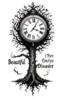 clock tattoo with tree and a word saying beautiful disaster tattoo design idea