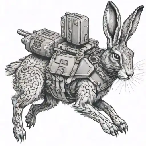 Hare in a bulletproof vest and fpv drone tattoo design idea