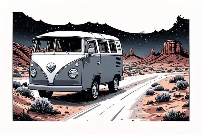 “Astrovan Road Trip” Scene	•	A small vintage van driving toward a stylized Red Rocks silhouette under a starry sky. tattoo design idea