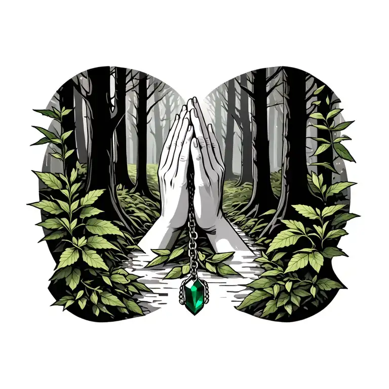 praying hands holding black rosemary chain, and emerald gem on a path between a forest path  tattoo design idea