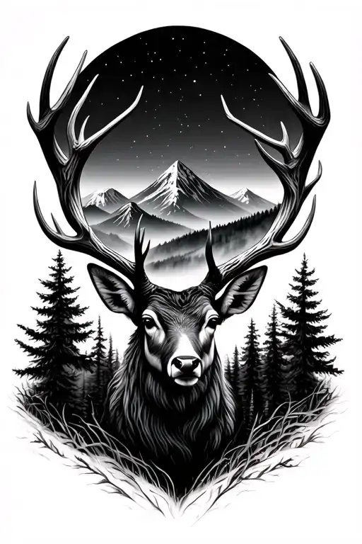deer horns all black turned looking in the distance  in foggy mountain set surrounded tattoo design idea