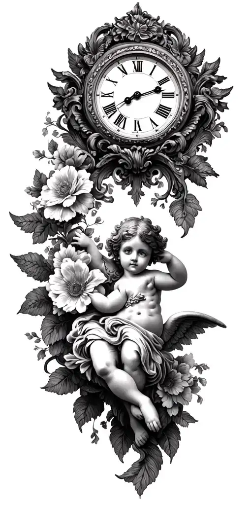 classical art tattoo design featuring cherub flowers & clock tattoo design idea