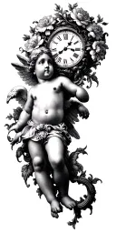 classical art tattoo design featuring cherub flowers & clock tattoo design idea