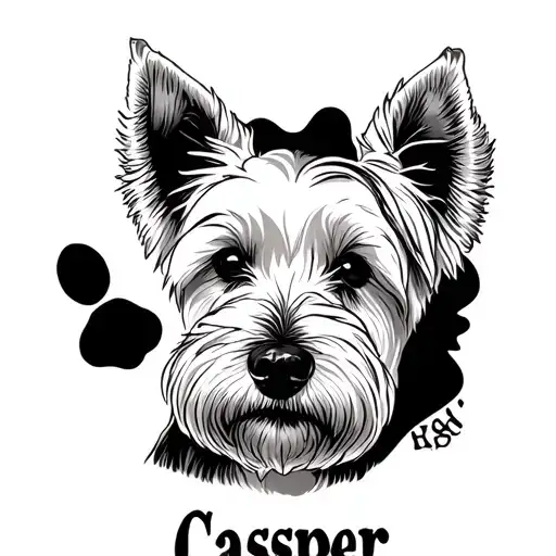 westie portrait front facing, big patchy paw print on side, with name Casper underneath  tattoo design idea