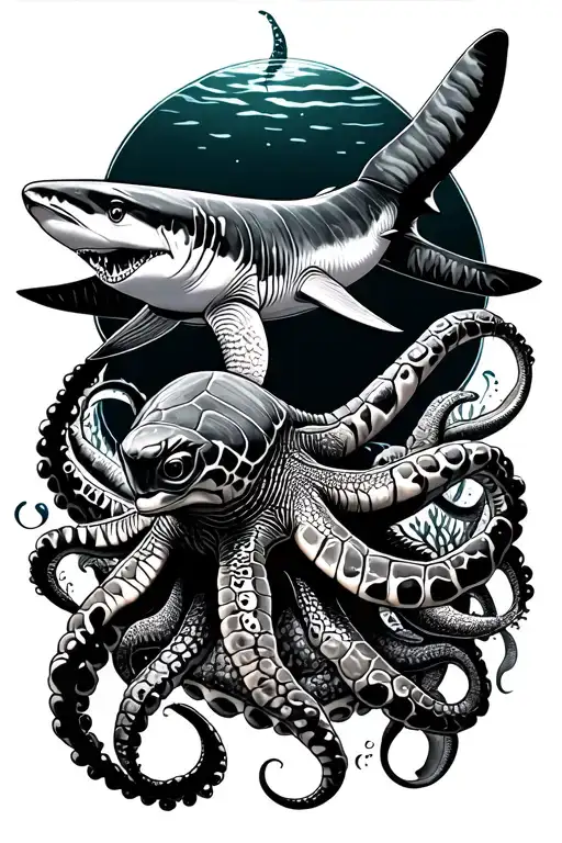Nautical, underwater, reef, turtle, shark, octopus tattoo design idea