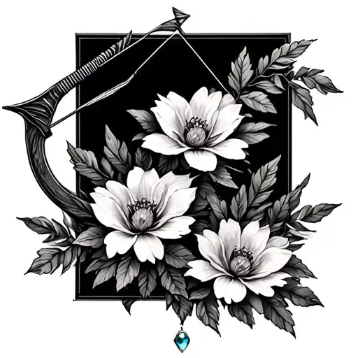 bow and arrow with January birth flowers and birthstone tattoo design idea