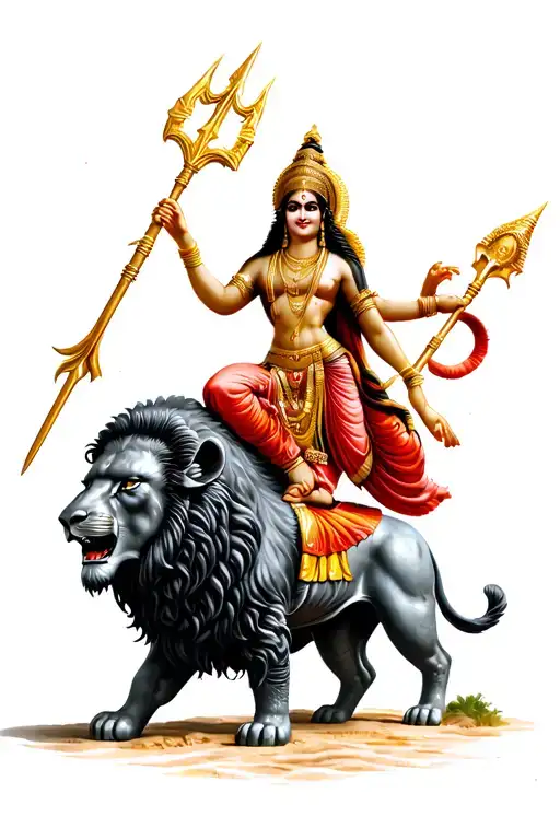 Durga riding on a Lion and plunging his trident into the buffalo demon mahishasura  tattoo design idea