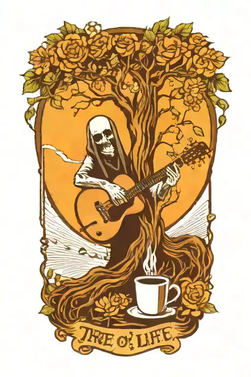 tree of life growing from electric guitar with grim reaper drinking a coffee tattoo design idea