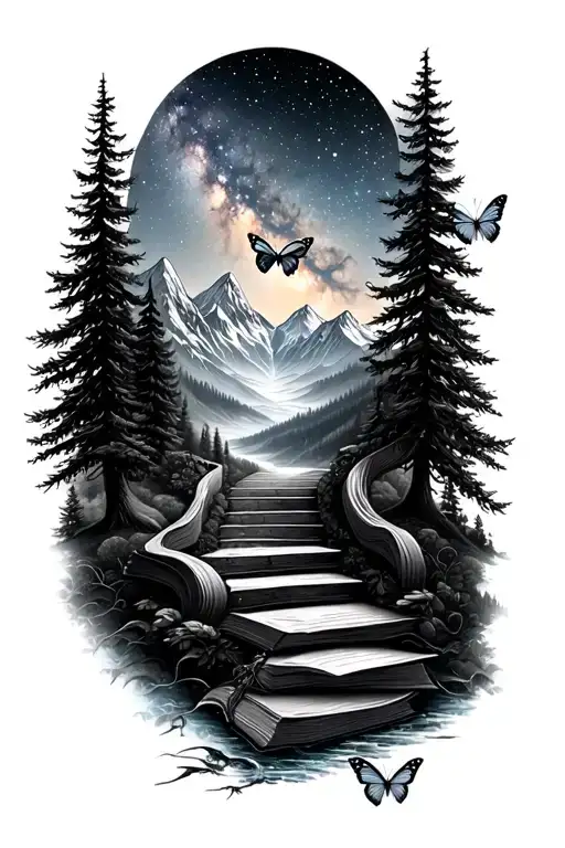 mountains, pine trees, river, milky way galaxy, book staircase spines out, 2 butterflies, dreamy tattoo design idea