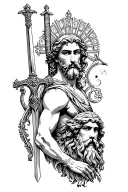 Femis with Libra and Sword located on the shoulder, passes into the image of the Greek God with a beard, to the forearm. tattoo design idea