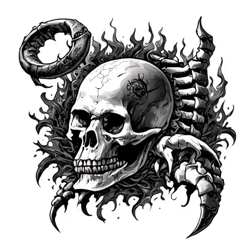 cancer sign, atlantis, ruins, fire, black and white tattoo design idea