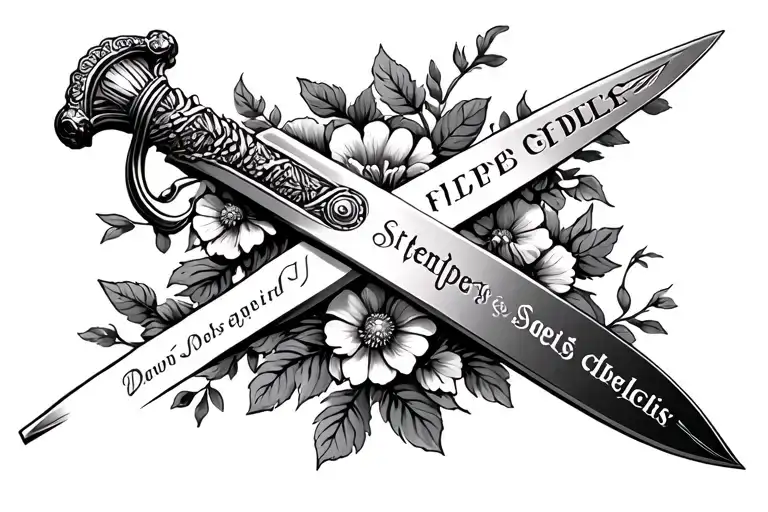 sword with Semper fidelis down the blade and flowers vine wrapped around tattoo design idea
