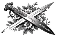 sword with Semper fidelis down the blade and flowers vine wrapped around tattoo design idea