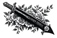 sword with Semper fidelis down the blade and flowers vine wrapped around tattoo design idea