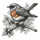 robin bird perched on a branch tattoo design idea