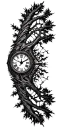 clock and tree branch tattoo design idea