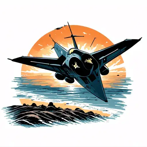 A sleek and powerful military jet flying over a beach at sunset tattoo design idea
