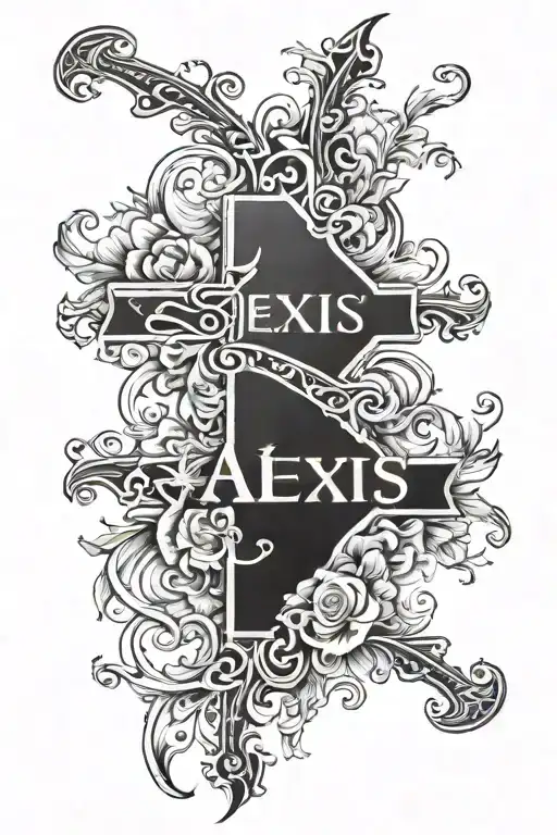 Tag letters in black that say Alexis, Brayan in the shape of a cross tattoo design idea