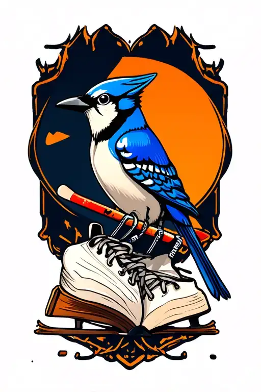 blue jay, hockey stick and ice skate, book open in front tattoo design idea