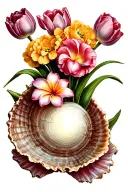 tulips hicibus  carnations plumeria growing out of a conch shell tattoo design idea