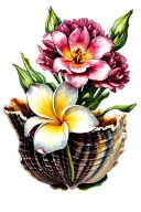 tulips hicibus  carnations plumeria growing out of a conch shell tattoo design idea