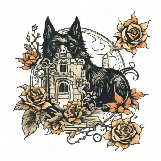 black dog, castle crumbling, ghosts, phone, flowers, thorns tattoo design idea