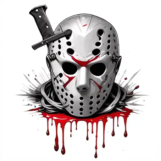jason mask with blood dripping, a knife intertwined  tattoo design idea