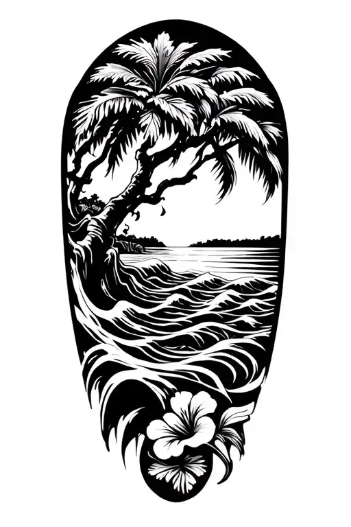 banyan tree with hibiscus vine with waves and a beach tattoo design idea