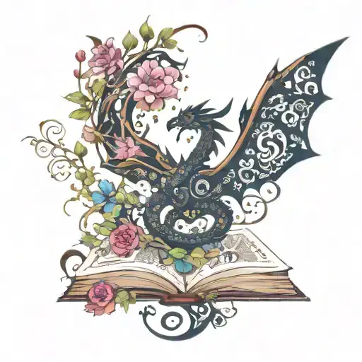 open books dark horned dragon stars butterflies vines and flowers swirling around in dark jewel tone colors tattoo design idea