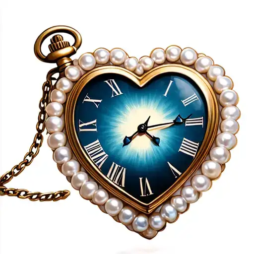 A heart-shaped pocket watch with a white pearl border, pointing to midnight. tattoo design idea