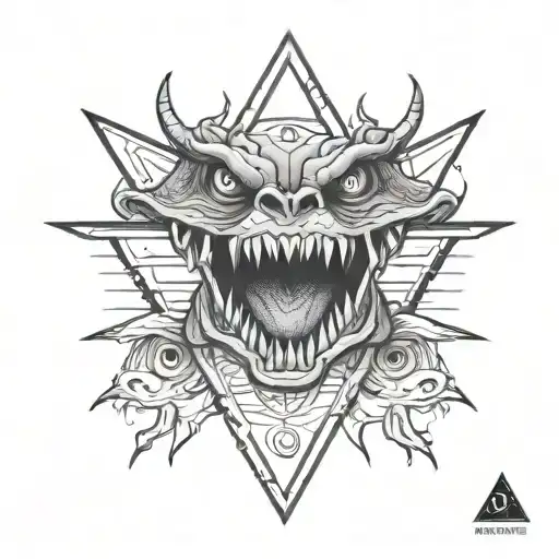 Triangle creature with 69 eyes and in the center will be a animal mouth with sharp teeth, the skin will be dinosour tattoo design idea