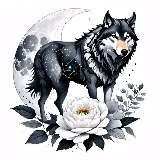 wolf, moon, peony, bull constellation, balance constellation tattoo design idea