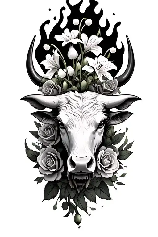 lily of the valley intertwined mixed with roses and fire underneath fierce bull head tattoo design idea