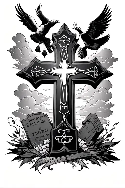  cross in center and big RIP above the cross. with clouds and doves and tombstone in background of cross tattoo design idea
