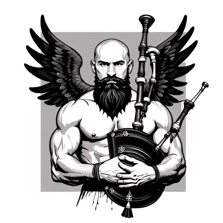 handsome scottish bagpiper bald black beard  muscular wearing pipes in arm big black wings shirtless tattoo tattoo design idea