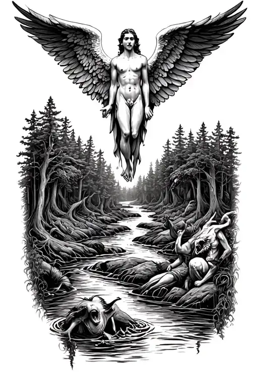 creation of adam at top, then an Ophanim eye angel crying into a river that runs through a forest filled with demons. tattoo design idea