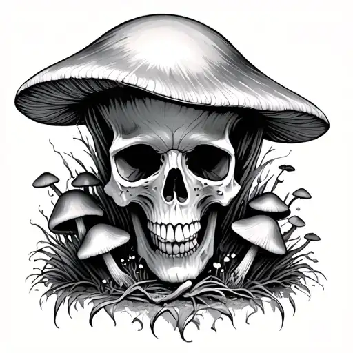 skulls and mushrooms growing from it tattoo design idea