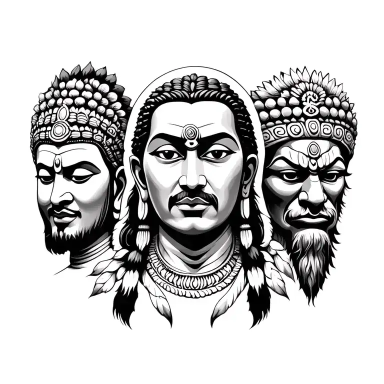 Indian shaman flanked by buddha head and demon head symbolizing thr good and the bad, while the shaman aims for balance tattoo design idea