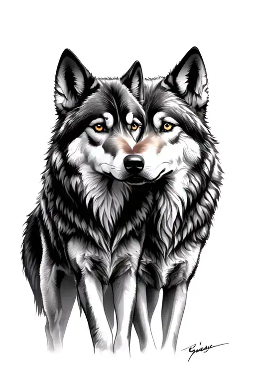 Two wolves standing side by side staring intensely tattoo design idea