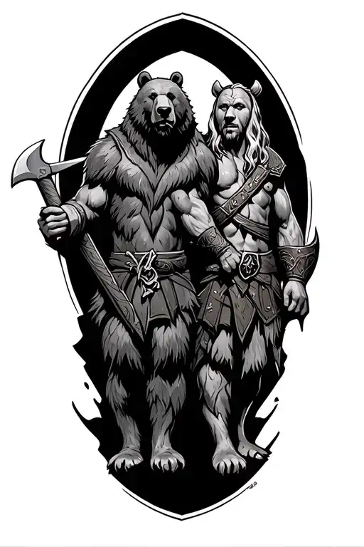 2 sons Viking style Bear and Axe Logan and Axel tattoo design idea