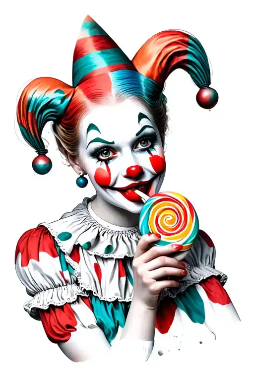 jester clown girl licking lollipop tattoo design idea