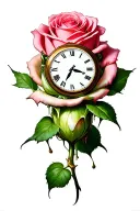 clock melting down on top of giant rose bud tattoo design idea