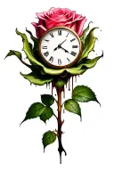clock melting down on top of giant rose bud tattoo design idea