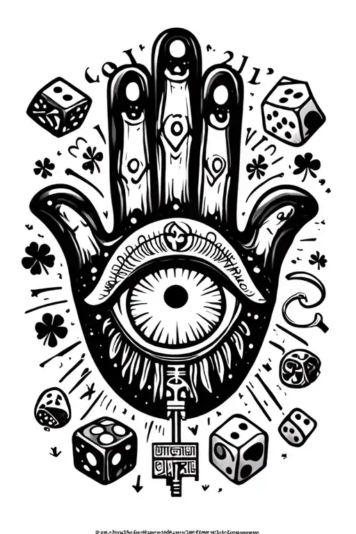 "Lucky Lefty; 224"  four leaf clover skeleton key dice ladybug horseshoe hamsa hand and eye of Horus tattoo design idea