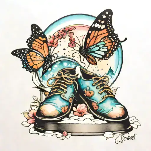 snowglobe with shoes and butterfly tattoo design idea