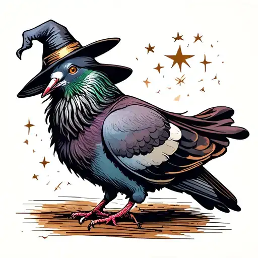 bearded pigeon with a wizard hat and cape tattoo design idea
