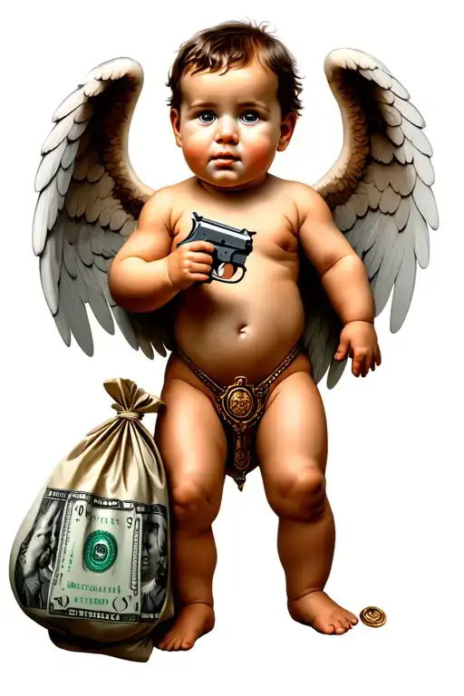 Baby Angel holding bag of money and a gun tattoo design idea