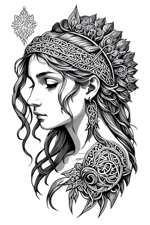 grayscale of blithe the goddess of mental heal, portraiting her ability of hearing and healing. norse/celtic style tattoo design idea