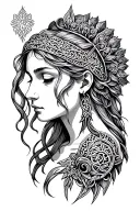 grayscale of blithe the goddess of mental heal, portraiting her ability of hearing and healing. norse/celtic style tattoo design idea