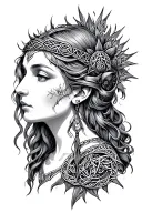 grayscale of blithe the goddess of mental heal, portraiting her ability of hearing and healing. norse/celtic style tattoo design idea